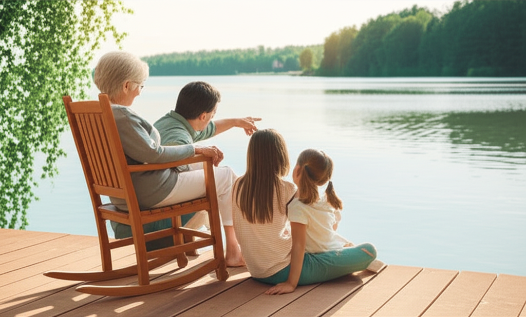 Multi-generation family enjoying time together by a lake - symbolizing family continuity