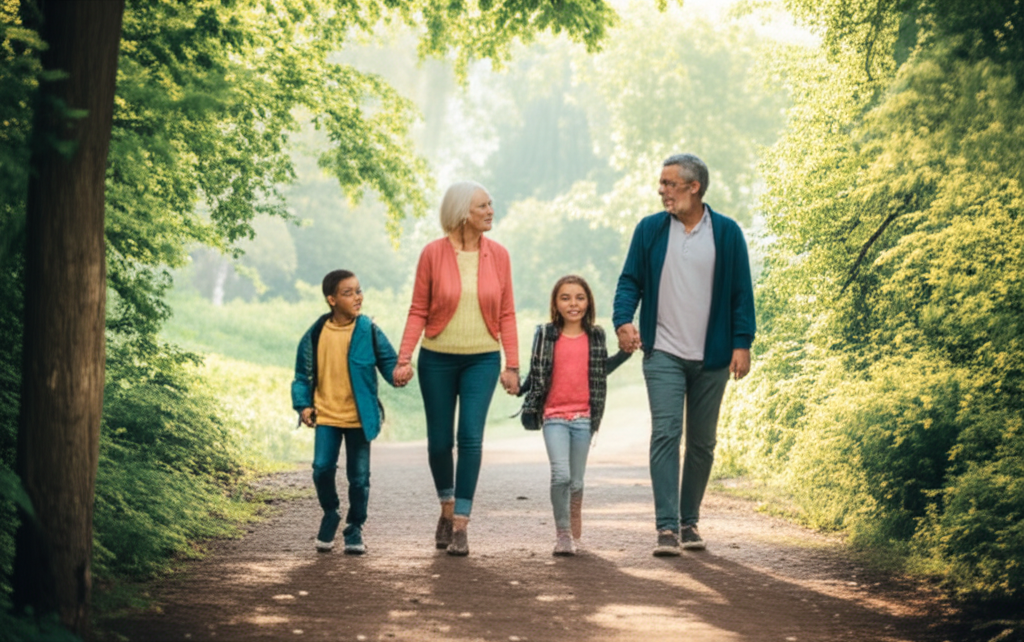 Family generations walking together on a forest path - symbolizing business succession